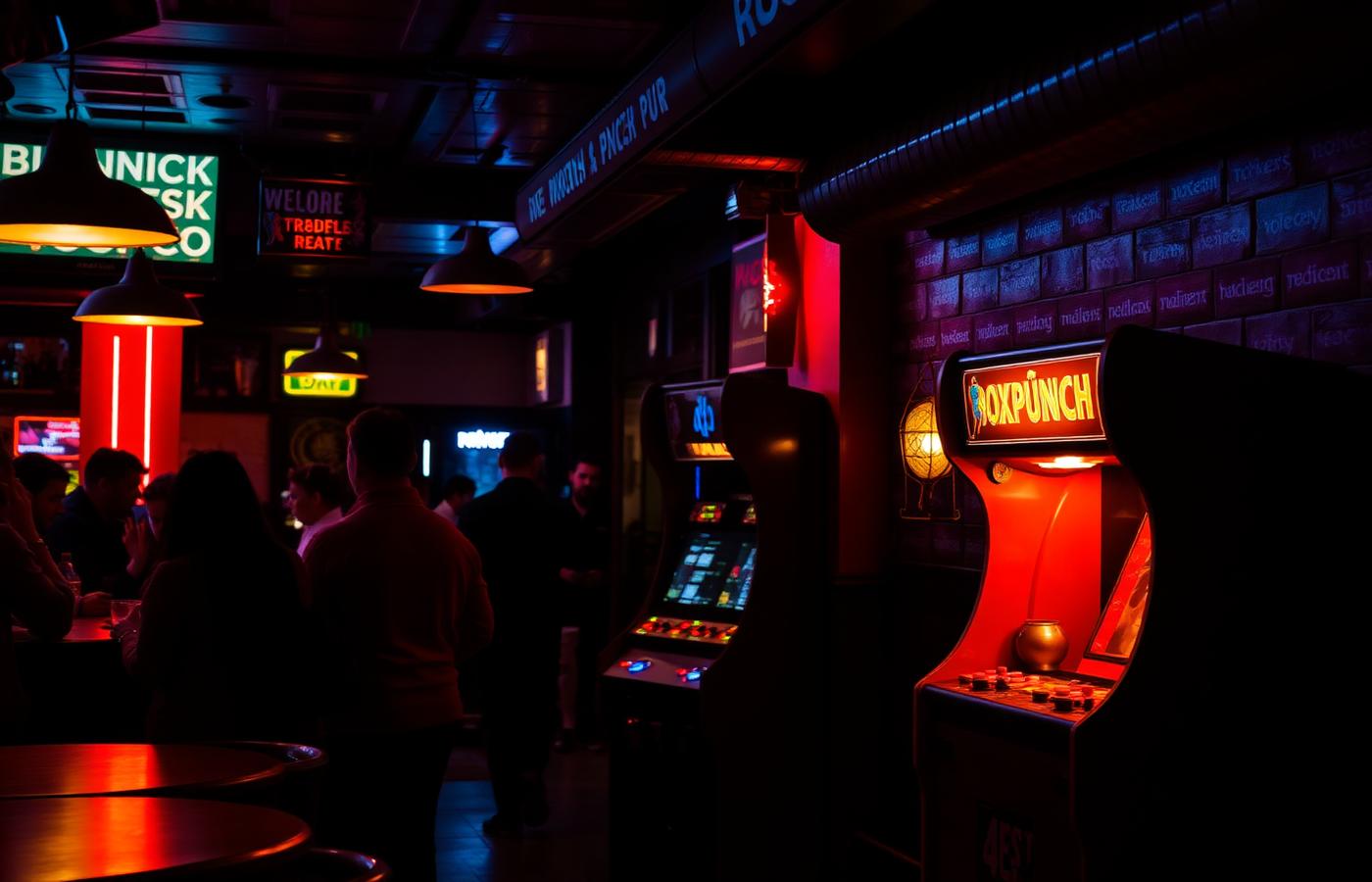 Entertainment venue interior with amusement machines at night